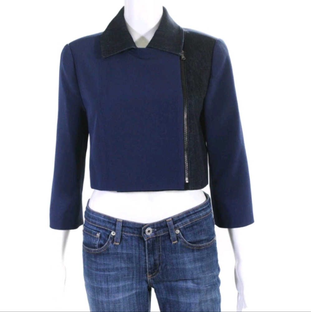 Toccin Navy Blue Cropped Jacket with Black Collar